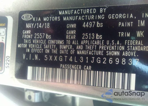 2018 Kia Optima Lx from USA, damaged, VIN 5XXGT4L31JG269837